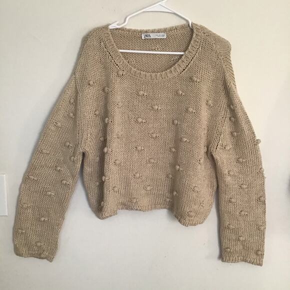 ZARA Knit Crochet Sweater Pom Pom Beige Cottagecore Sz L - Picture 2 of 8